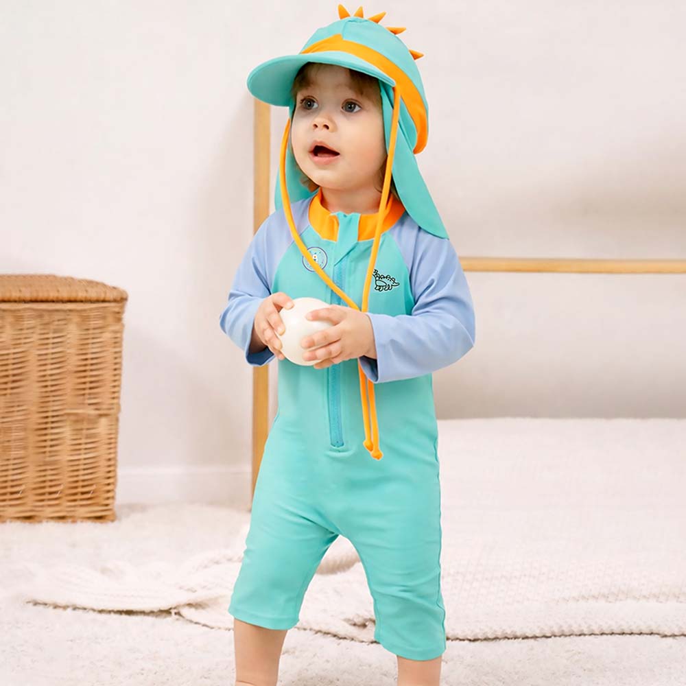 Teal & Orange Spikes, Toddlers & Kids Swimwear with Long Cap, Free Wash Bag & Free Swim Detergent