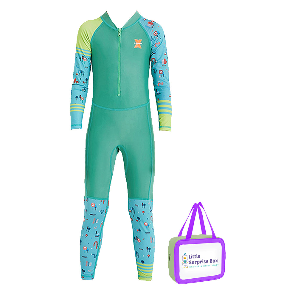 Full Sleeves Kids Swimwear Light Green & Dark Green Transport theme, UPF 50+ with Free Washbag
