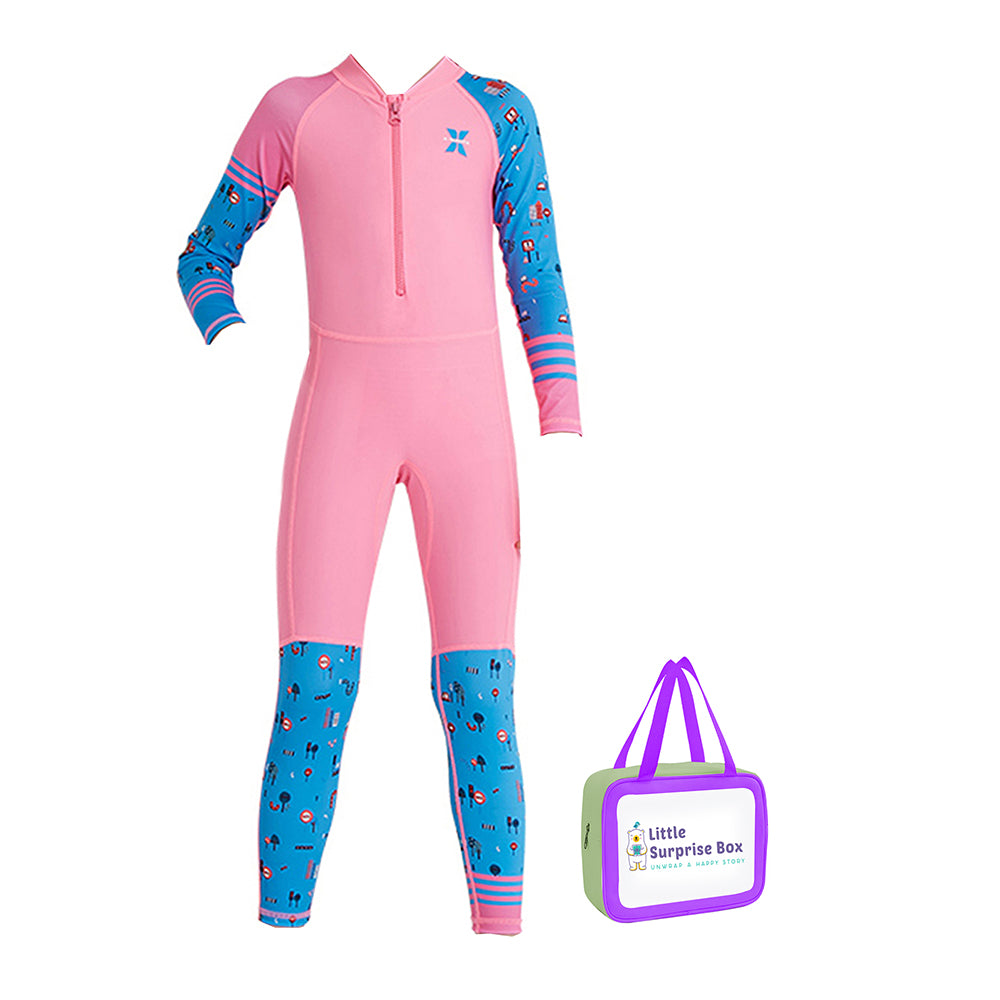 Full Sleeves Kids Swimwear Pink and Blue Transport theme, UPF 50+