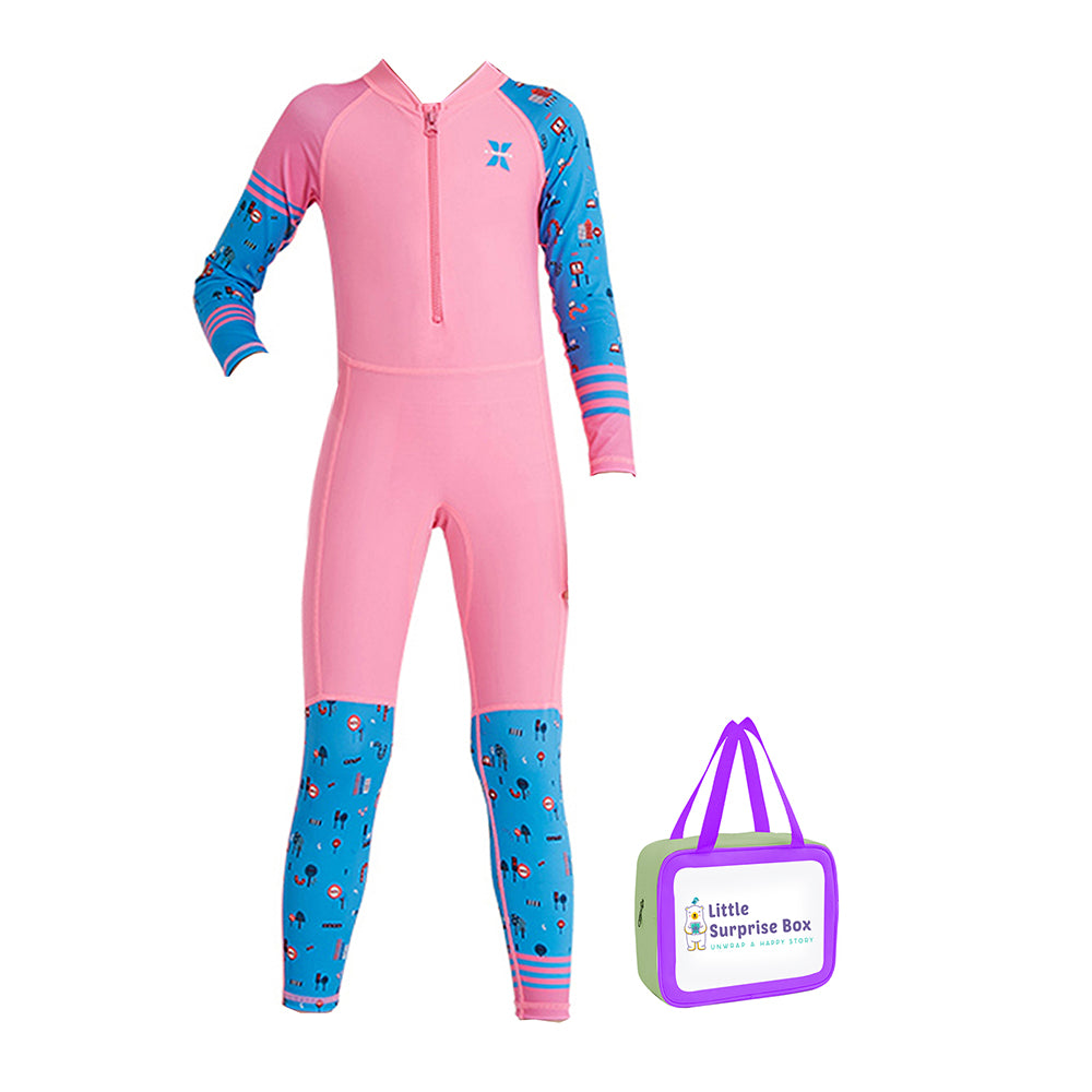 Full Sleeves Kids Swimwear Pink and Blue Transport theme, UPF 50+ with Free Washbag