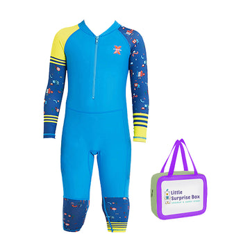 Full Sleeves Kids Swimwear Yellow & Blue Transport theme, UPF 50+ with matching Swim Cap&Free Washbag