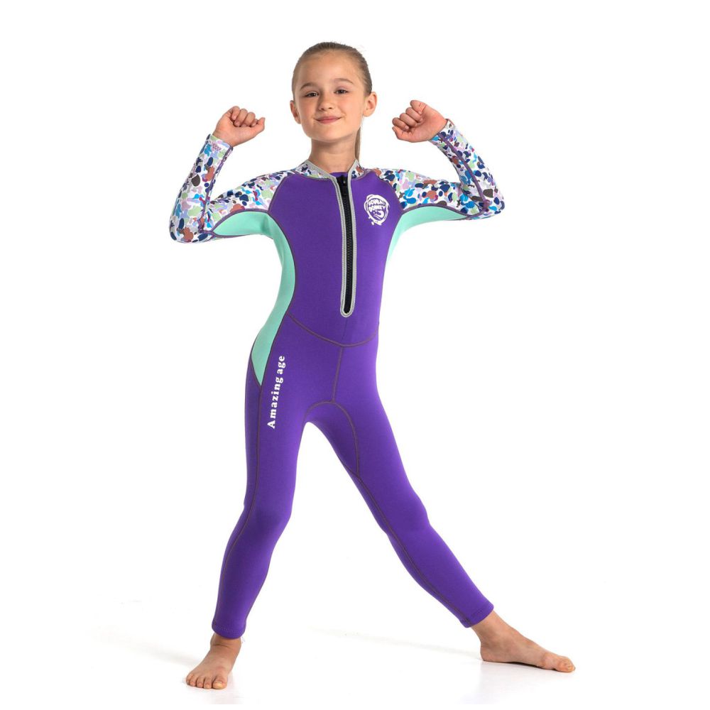 Violet Printed Sleeves Full Length Scuba Swimsuit 2.5mm Neoprene Swimwear for water adventures for KidsTeens and Adults  -2-3Y