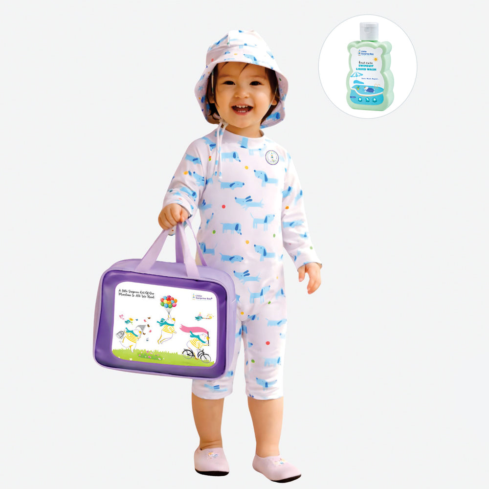 White & Blue Dog, Toddlers & Kids Swimwear with matching Hat, Free Wash Bag & Free Swim Detergent