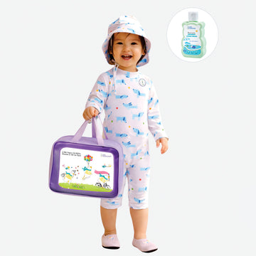 White & Blue Dog, Toddlers & Kids Swimwear with matching Hat, Free Wash Bag & Free Swim Detergent