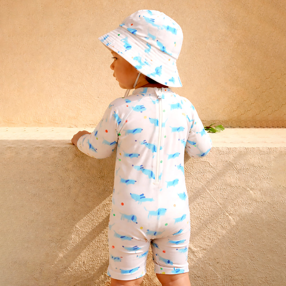 White & Blue Dog, Toddlers & Kids Swimwear with matching Hat, Free Wash Bag & Free Swim Detergent