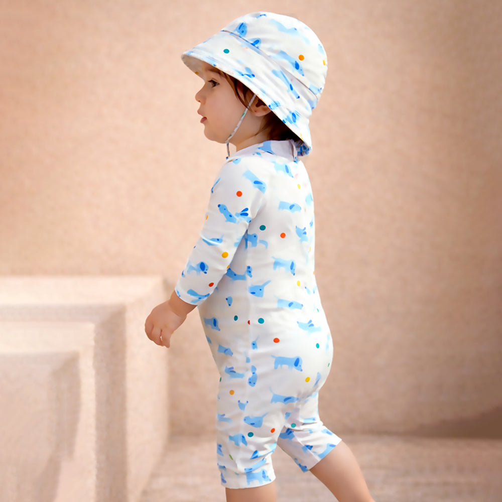 White & Blue Dog, Toddlers & Kids Swimwear with matching Hat, Free Wash Bag & Free Swim Detergent