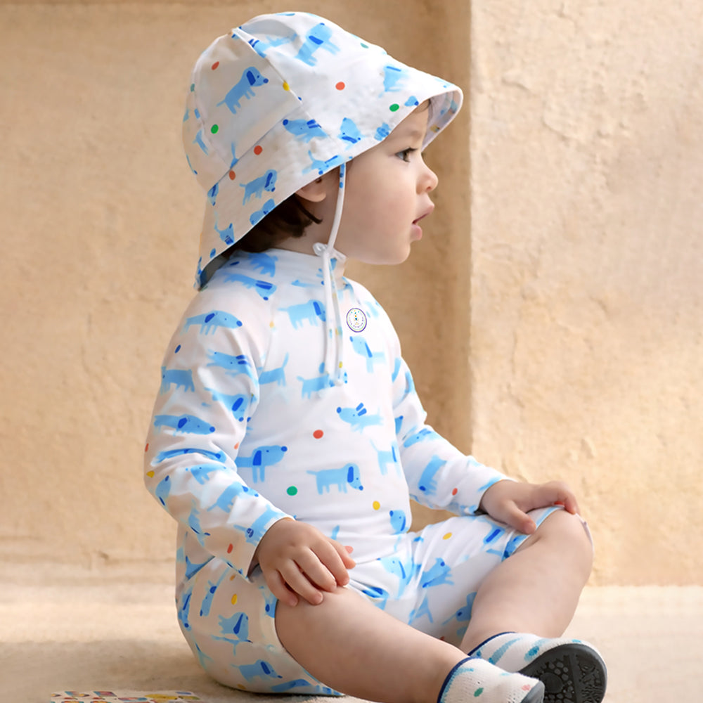 White & Blue Dog, Toddlers & Kids Swimwear with matching Hat, Free Wash Bag & Free Swim Detergent