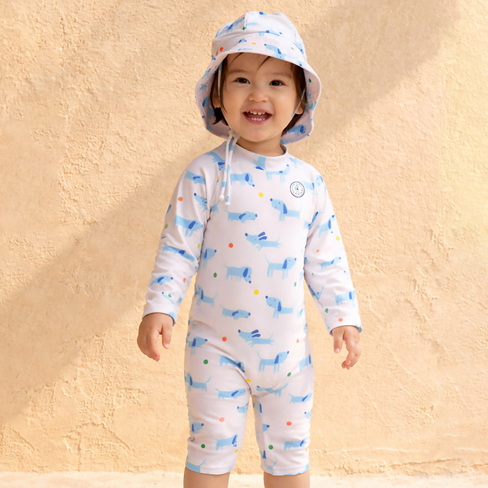 White & Blue Dog, Toddlers & Kids Swimwear with matching Hat, Free Wash Bag & Free Swim Detergent