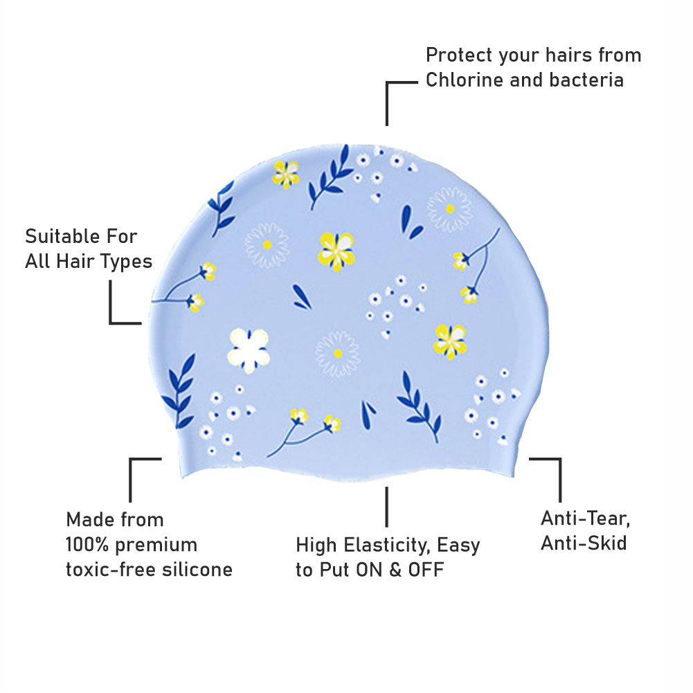 Blue Small Flower Print Swimming Cap for Kids and Adults, 10 years and above.