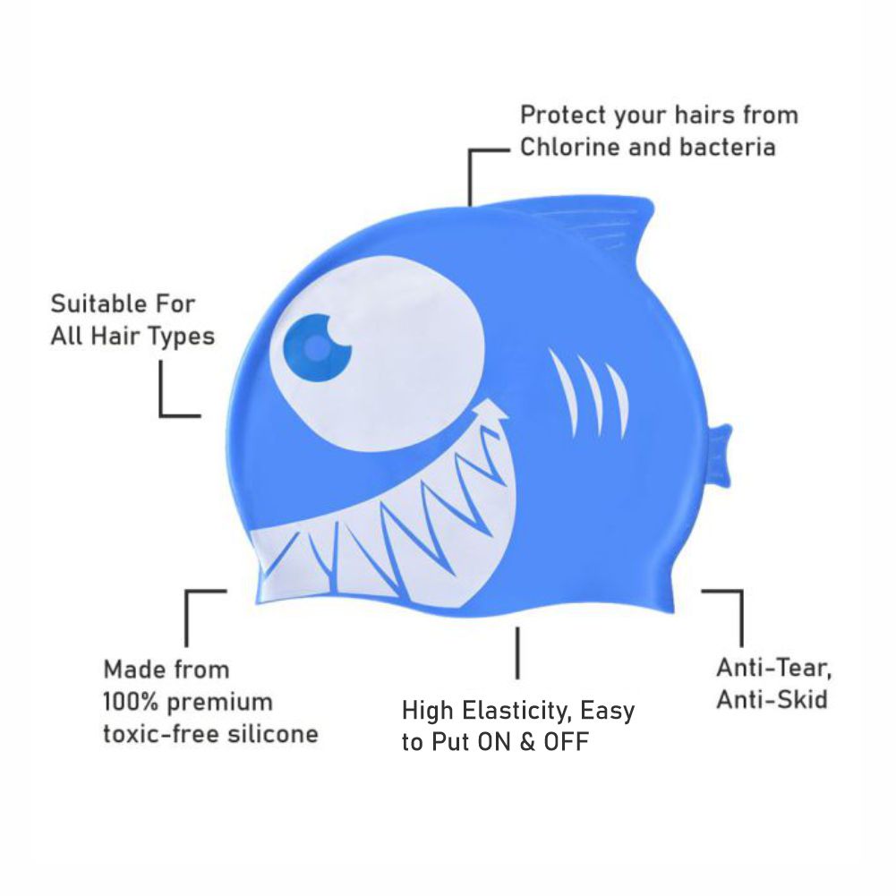 Blue & White Jaw Fish , Silicone Kids Swim Cap, 5 years -15 years