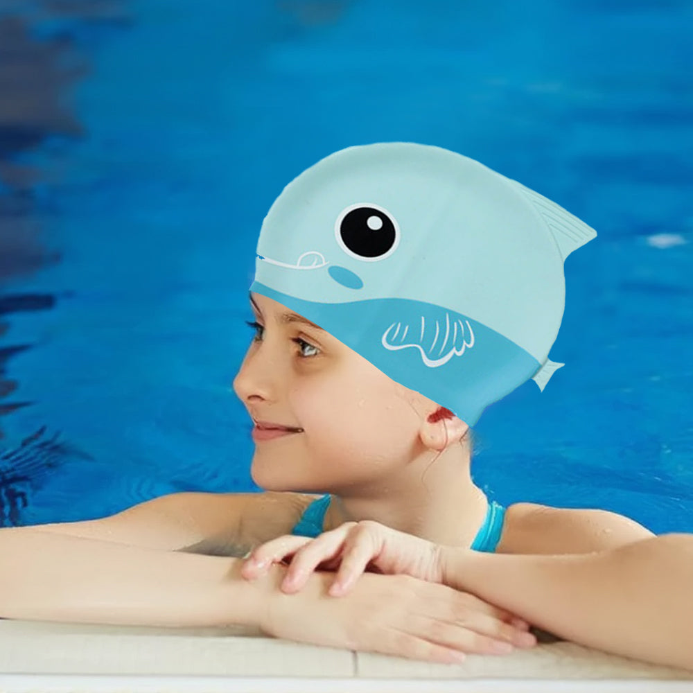 Light Blue Fin Dual Color , Silicone Kids Swim Cap, 5 years -15 years