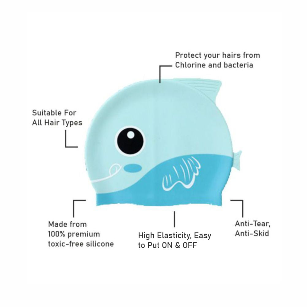 Light Blue Fin Dual Color , Silicone Kids Swim Cap, 5 years -15 years