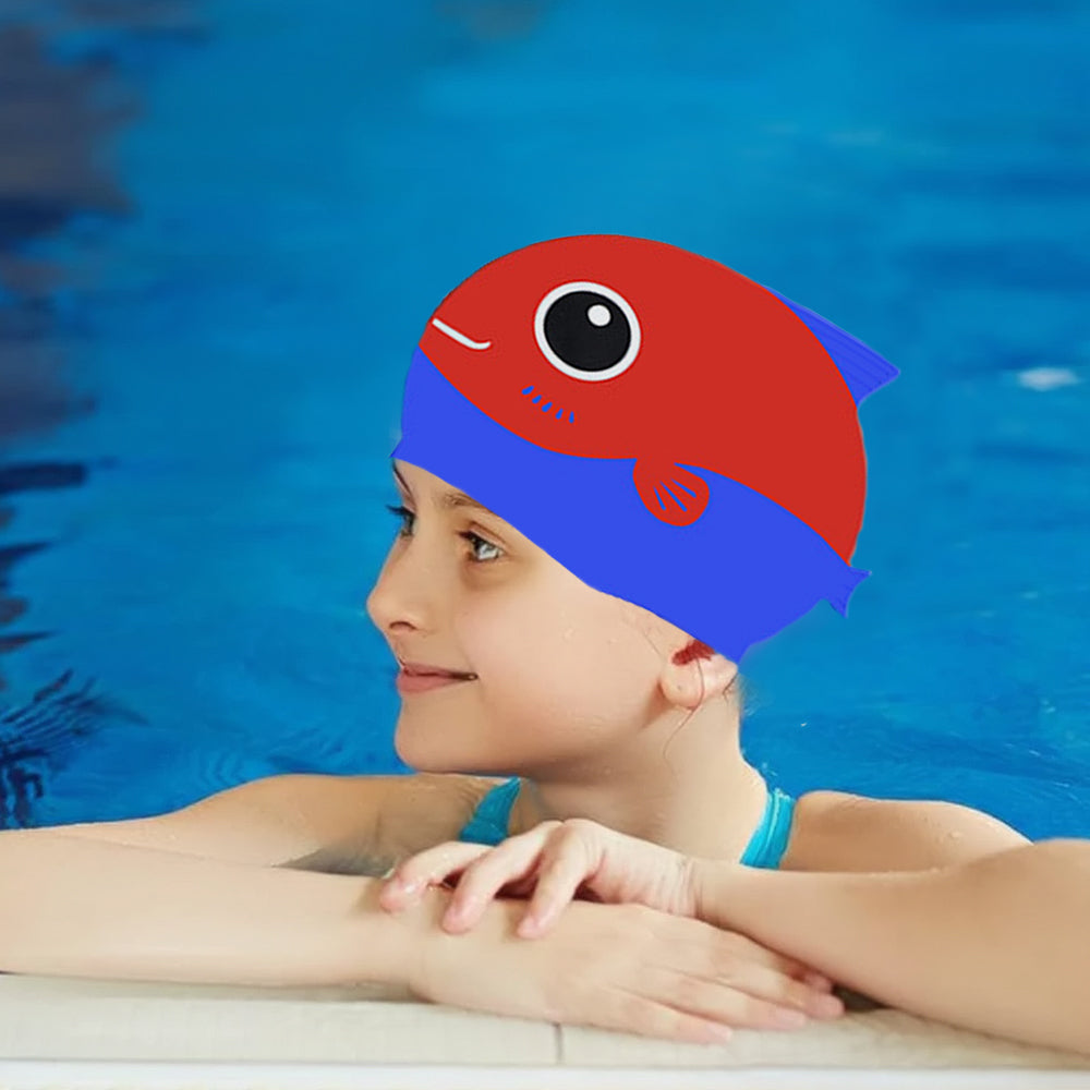 Red Fin Dual Color , Silicone Kids Swim Cap, 5 years -15 years