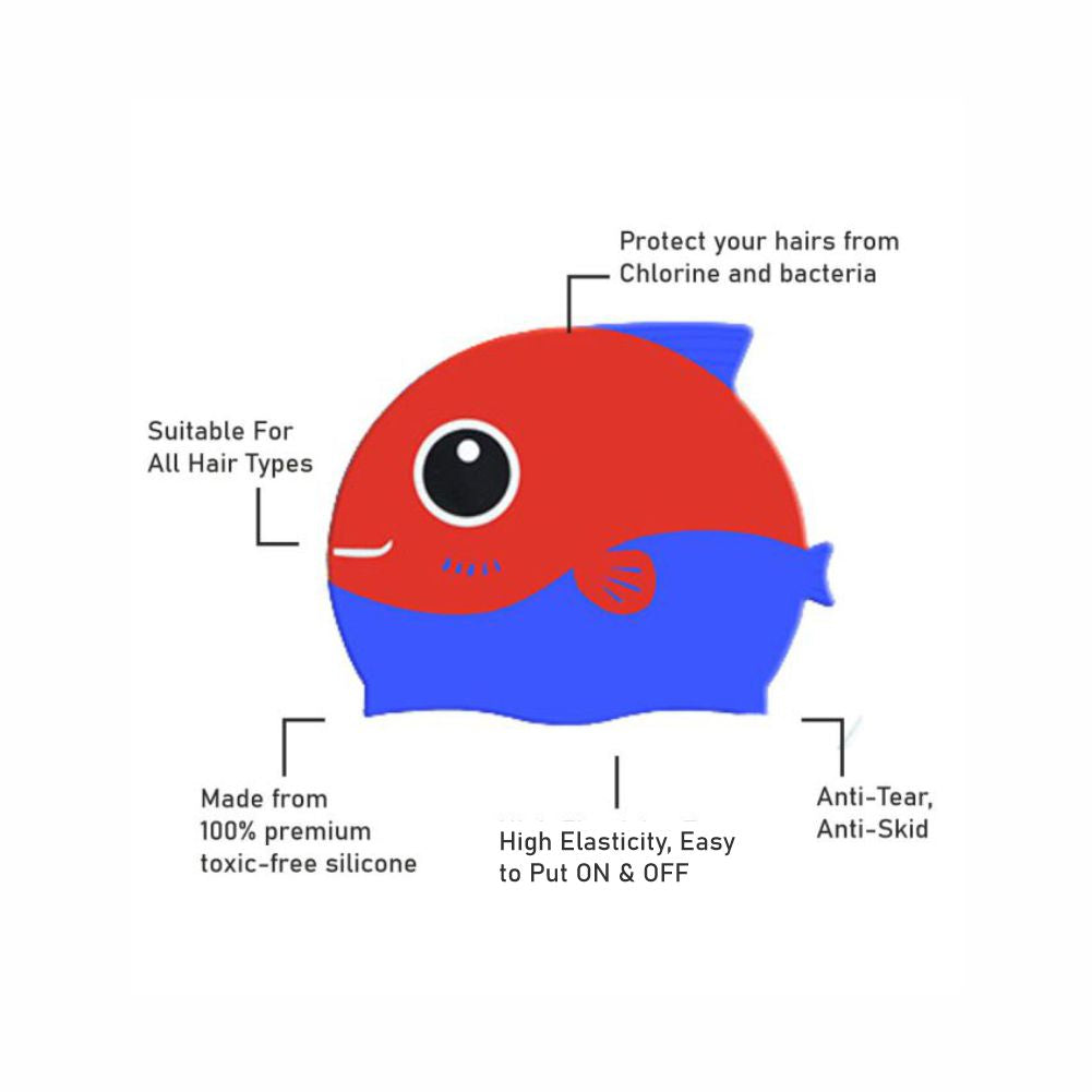 Red Fin Dual Color , Silicone Kids Swim Cap, 5 years -15 years