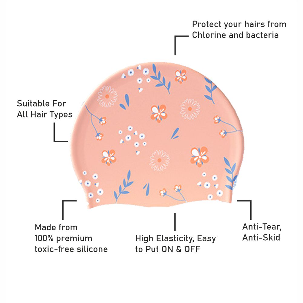 Peach Small Flower Print Swimming Cap for Kids and Adults, 10 years and above.