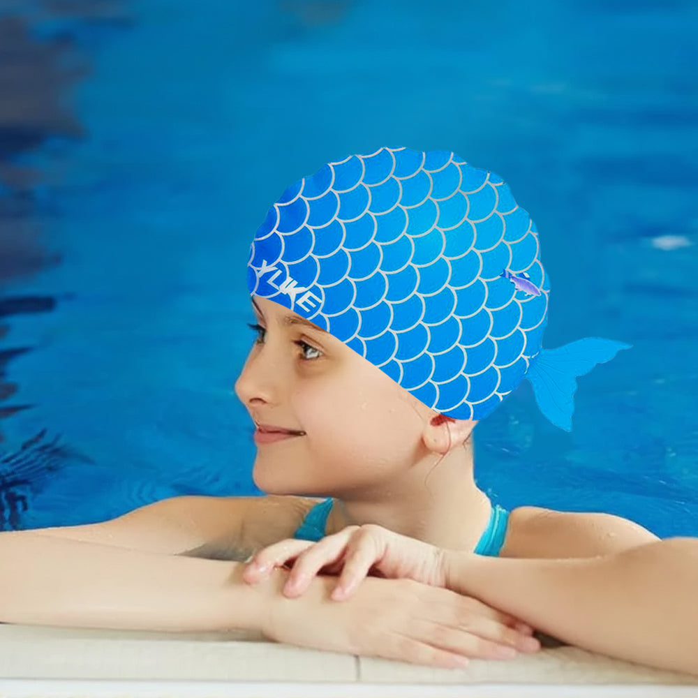 Scales Blue Fishy , Silicone Kids Swim Cap, 5 years -15 years