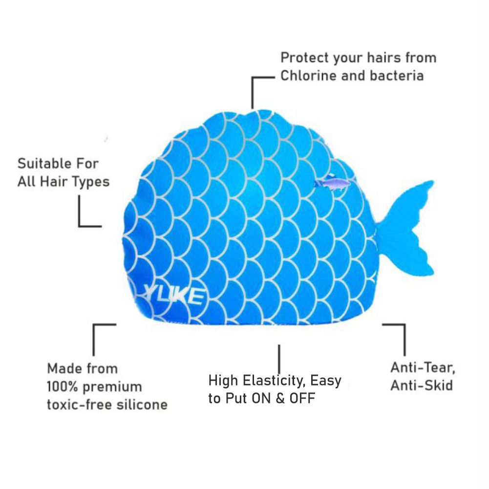 Scales Blue Fishy , Silicone Kids Swim Cap, 5 years -15 years
