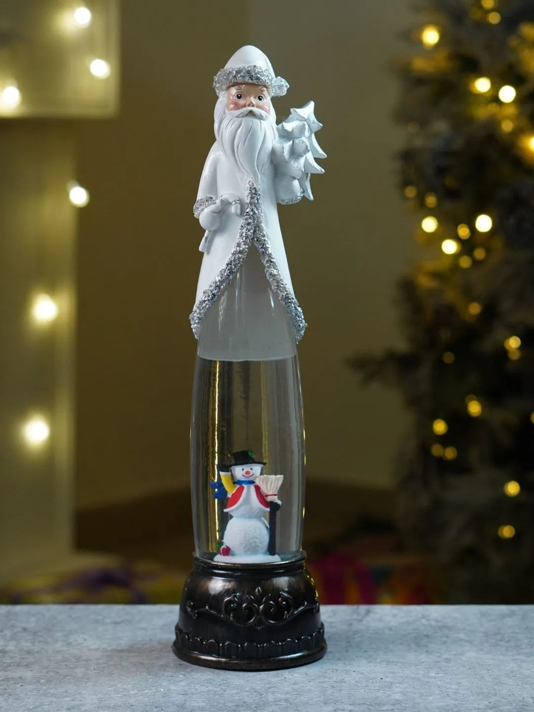 Extra Tall Frost Silver Santa with Musical Glitter Water & Lights, Christmas Home Décor