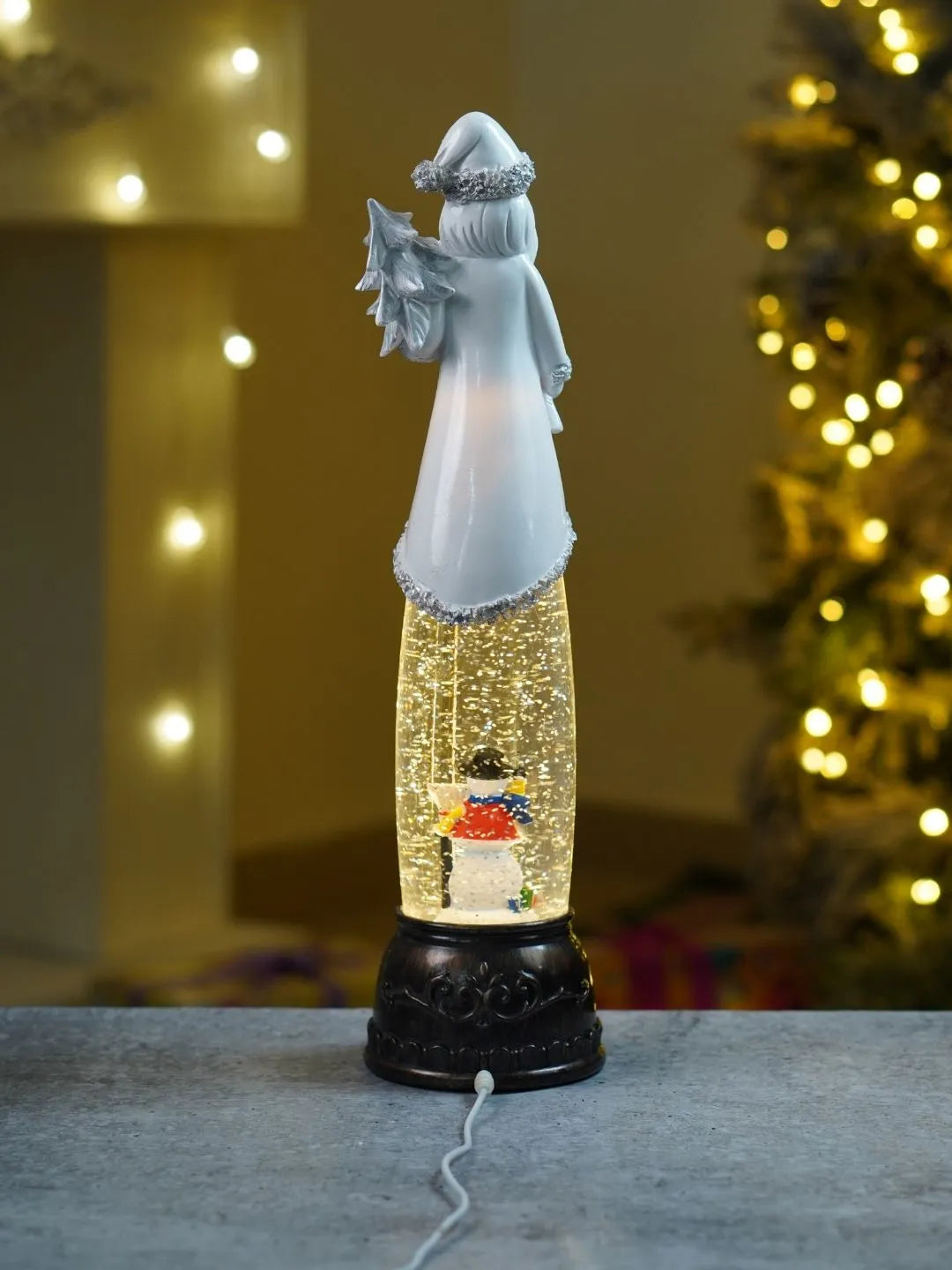 Extra Tall Frost Silver Santa with Musical Glitter Water & Lights, Christmas Home Décor