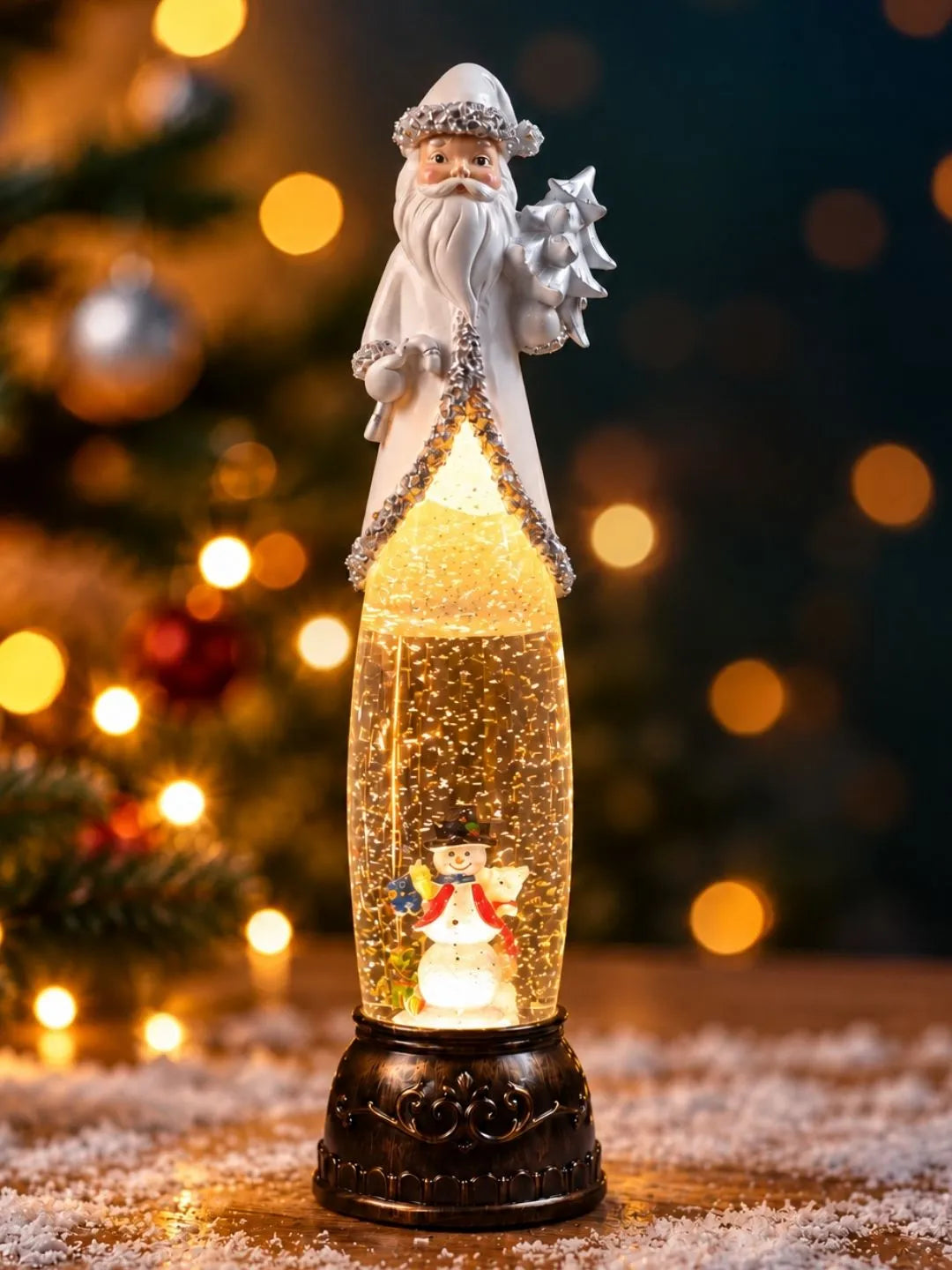 Extra Tall Frost Silver Santa with Musical Glitter Water & Lights, Christmas Home Décor