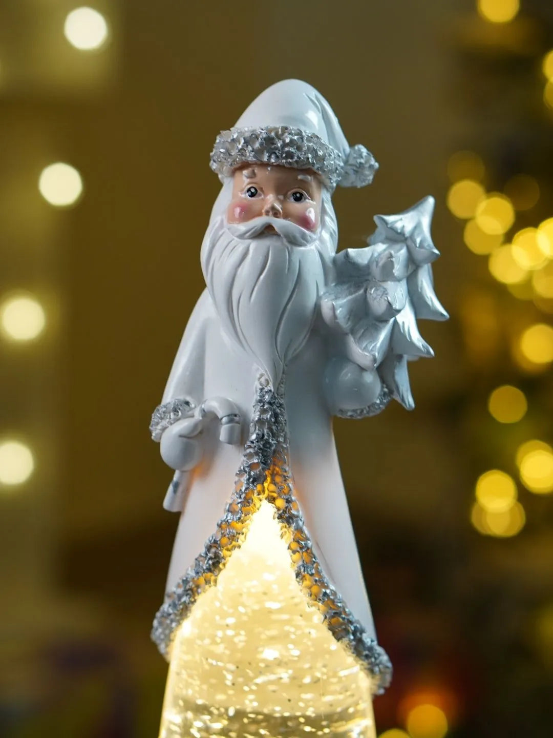Extra Tall Frost Silver Santa with Musical Glitter Water & Lights, Christmas Home Décor