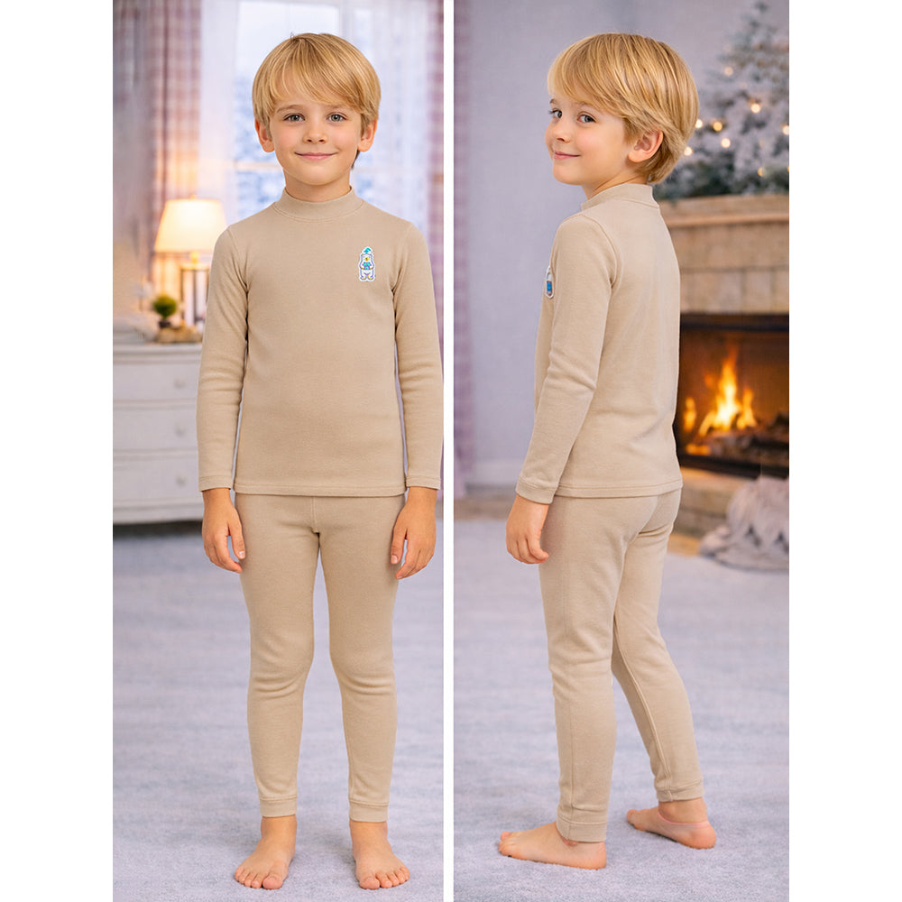 Stripes Brown Round Neck Upper & Lower Body Thermal Winter Warmers