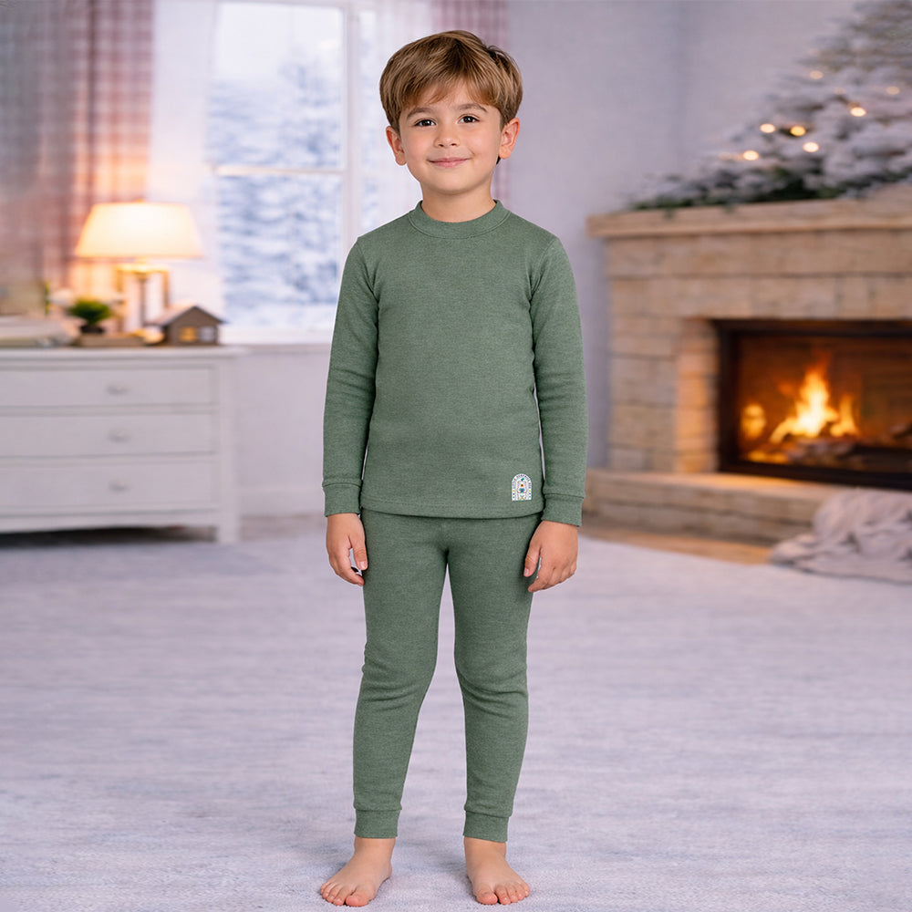 Stripes Dark Green Round Neck Upper & Lower Body Thermal Winter Warmers