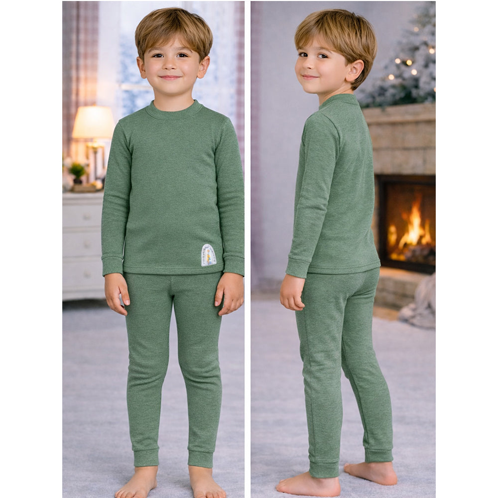 Stripes Dark Green Round Neck Upper & Lower Body Thermal Winter Warmers