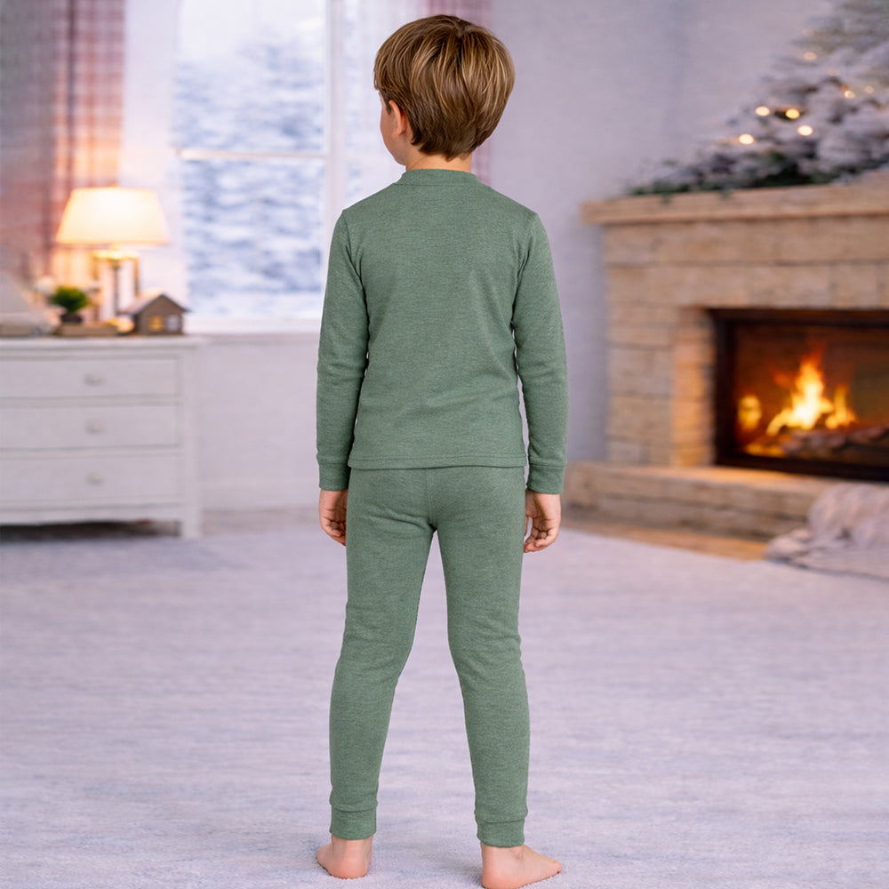 Stripes Dark Green Round Neck Upper & Lower Body Thermal Winter Warmers