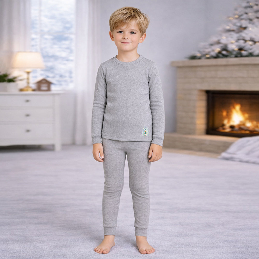 Stripes Grey Round Neck Upper & Lower Body Thermal Winter Warmers