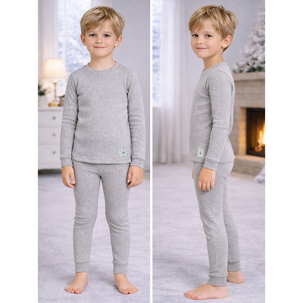 Stripes Grey Round Neck Upper & Lower Body Thermal Winter Warmers