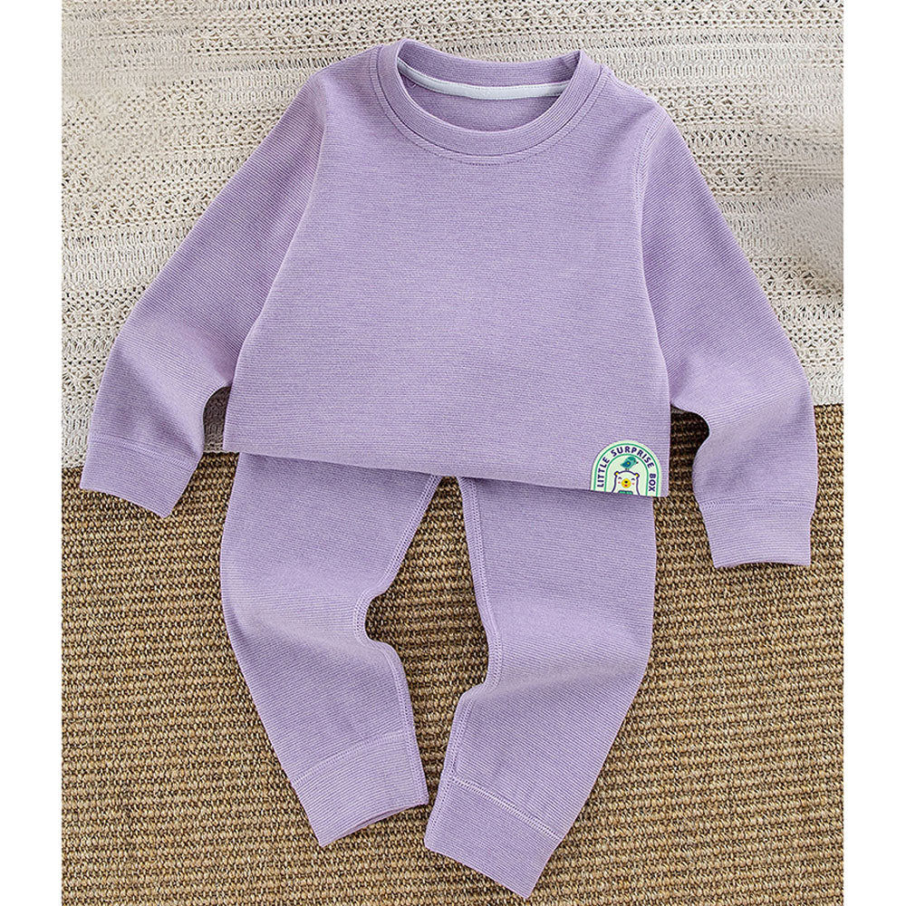 Stripes Purple Round Neck Upper & Lower Body Thermal Winter Warmers