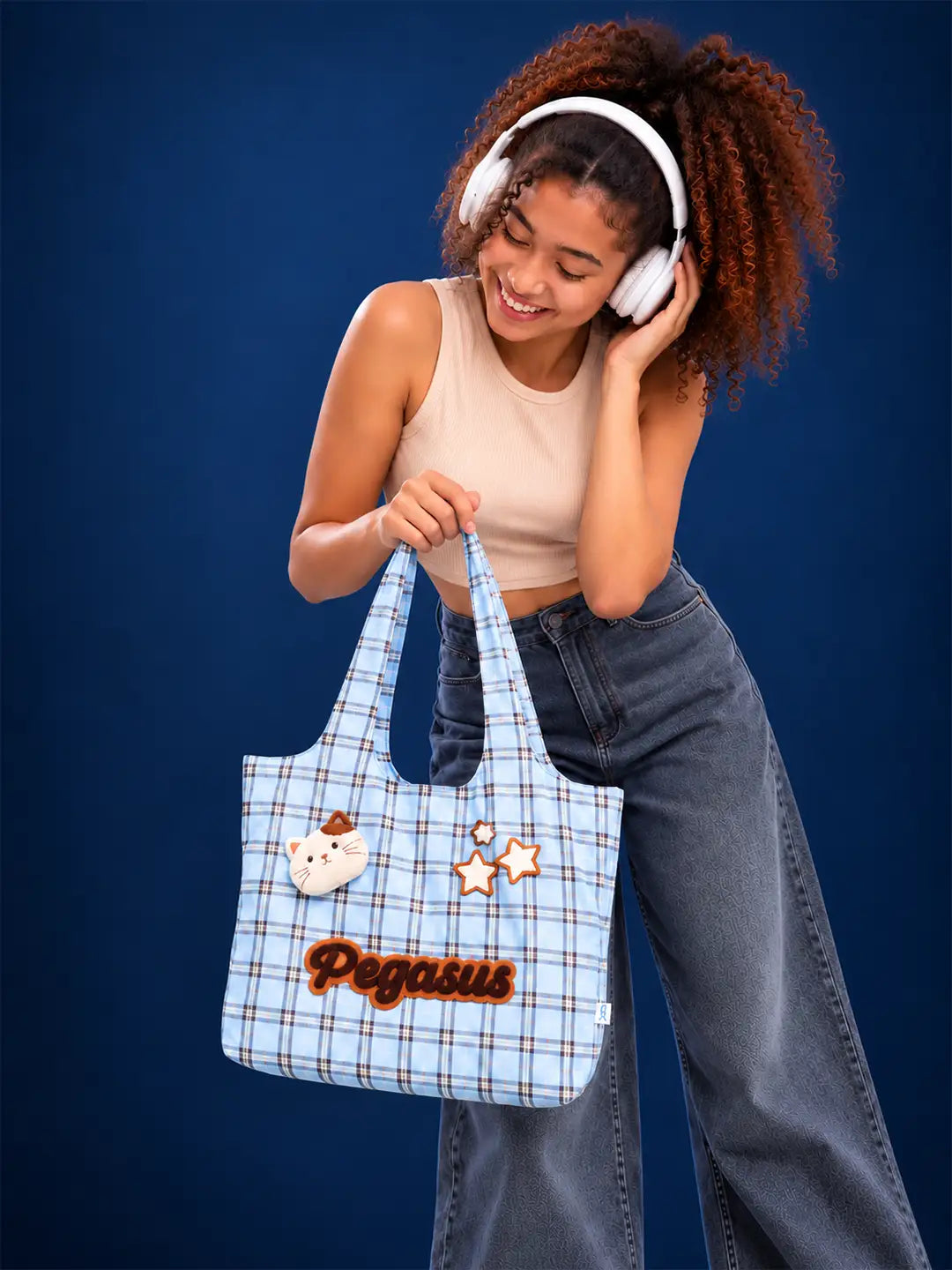 Blue Checks Pegasus stylish & casual Tote Bag for Teens & Adults