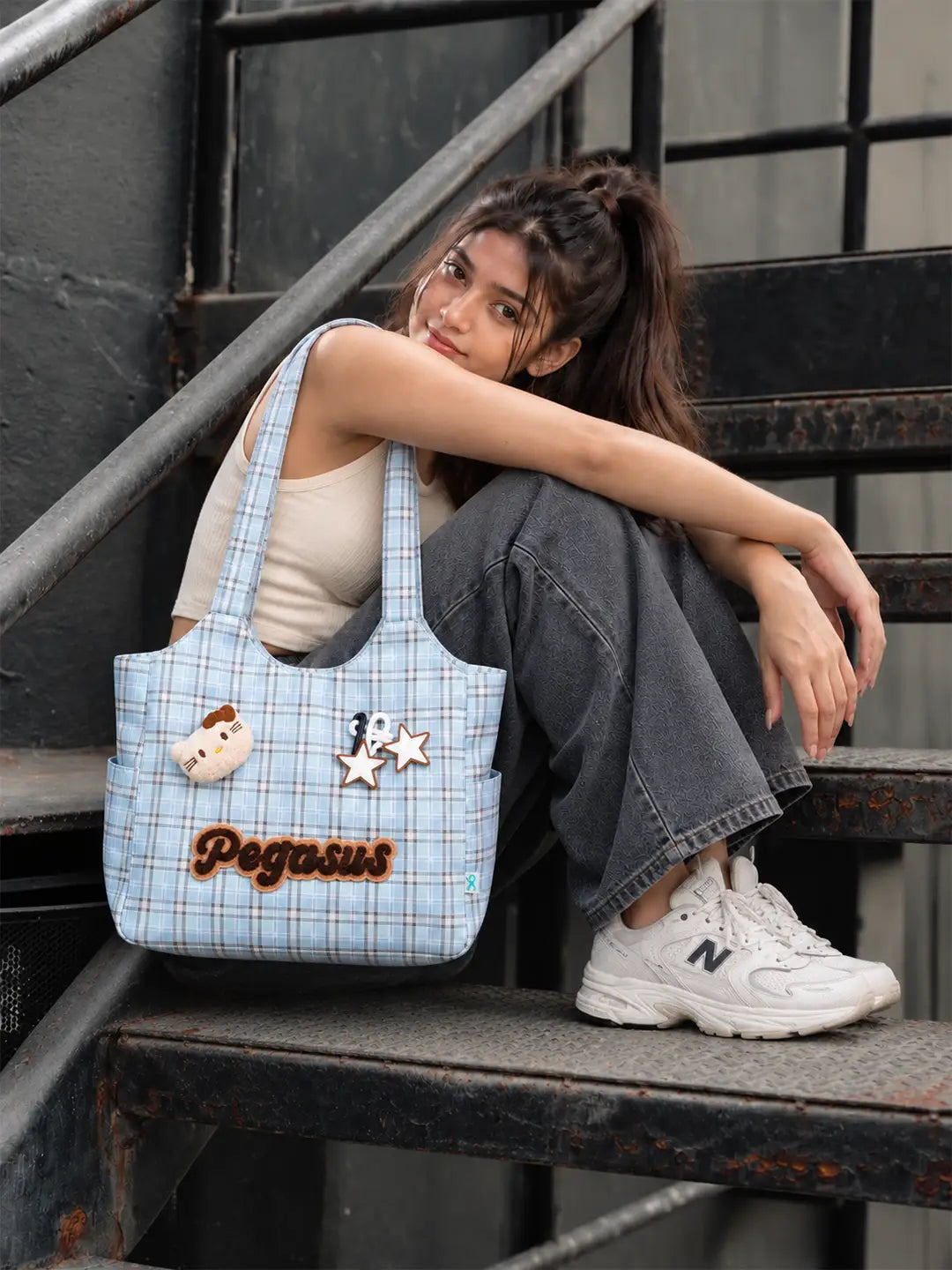 Blue Checks Pegasus stylish & casual Tote Bag for Teens & Adults