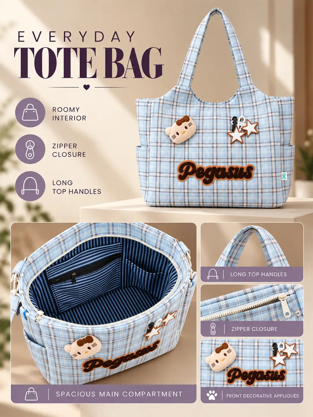 Blue Checks Pegasus stylish & casual Tote Bag for Teens & Adults