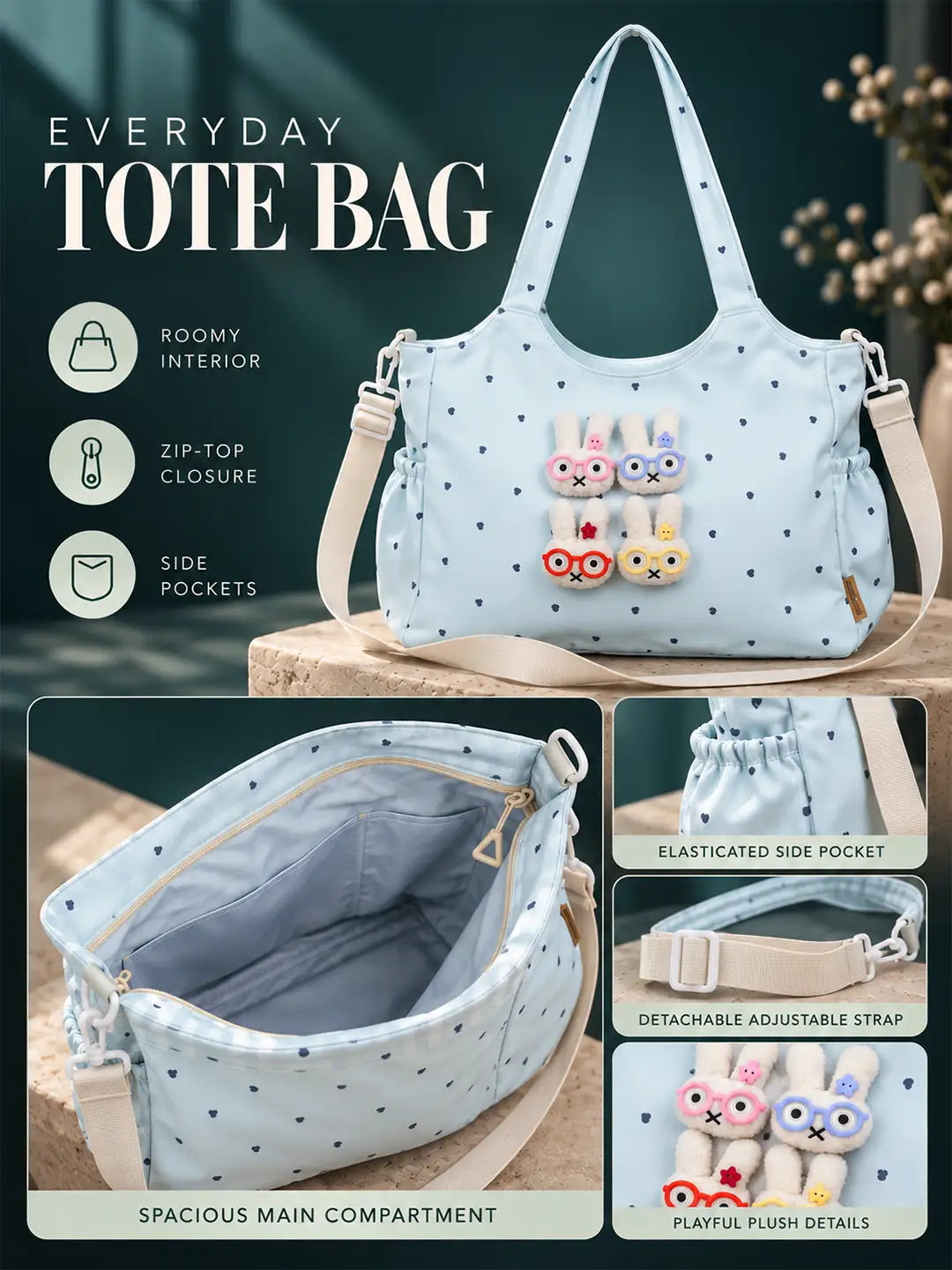 Blue Heart 3D Glasses Bunny stylish & casual Tote Bag for Teens & Adults