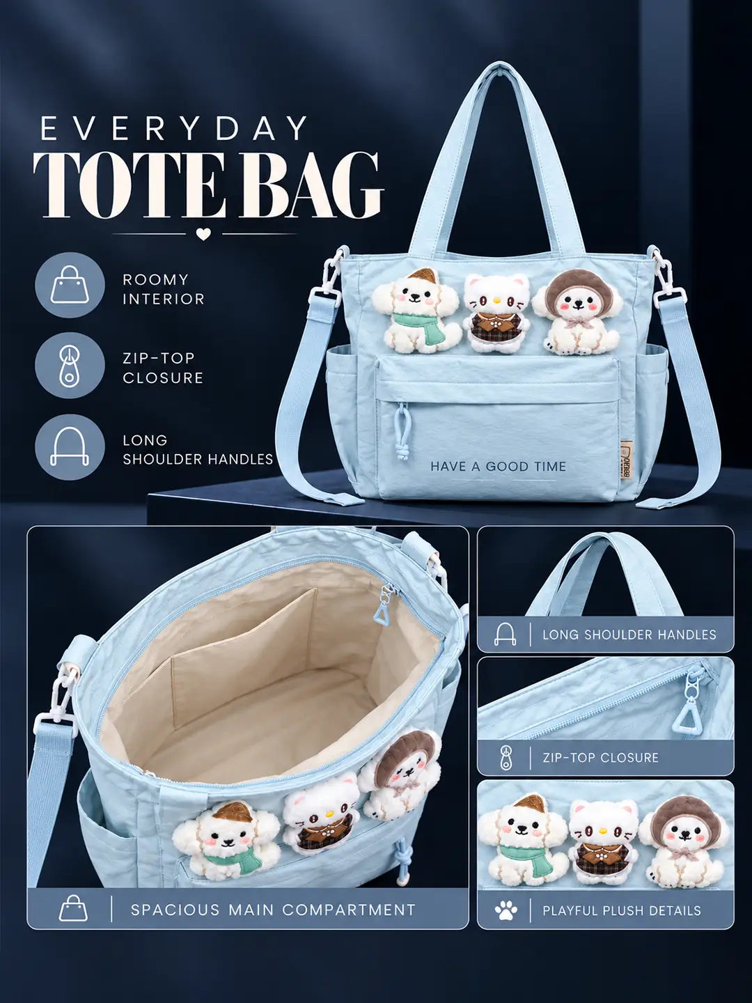 Blue 3D Puppy & Cat stylish & casual Tote Bag for Teens & Adults