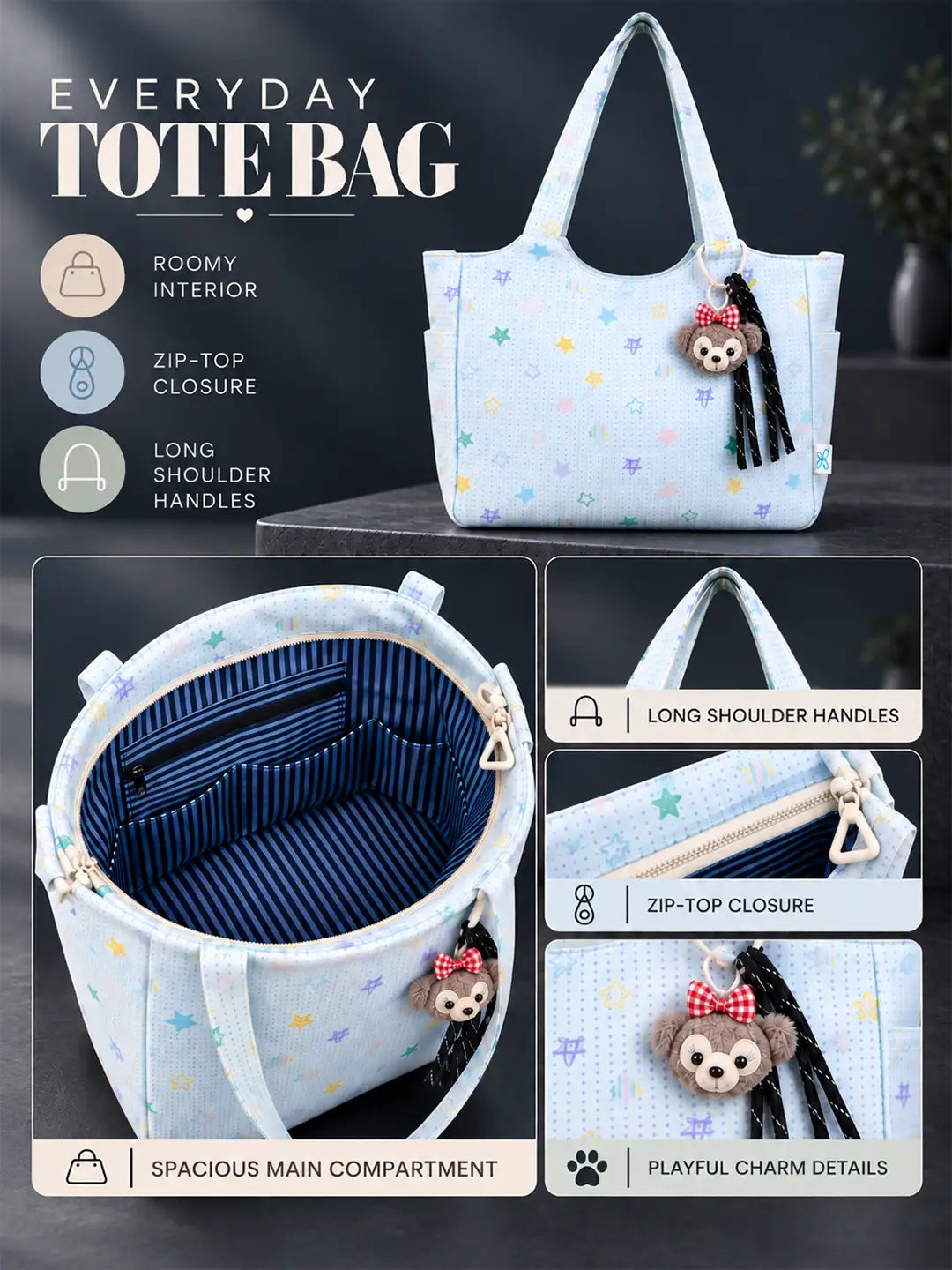 Blue Stars Print stylish & casual Tote Bag with Monkey Keychain for Teens & Adults