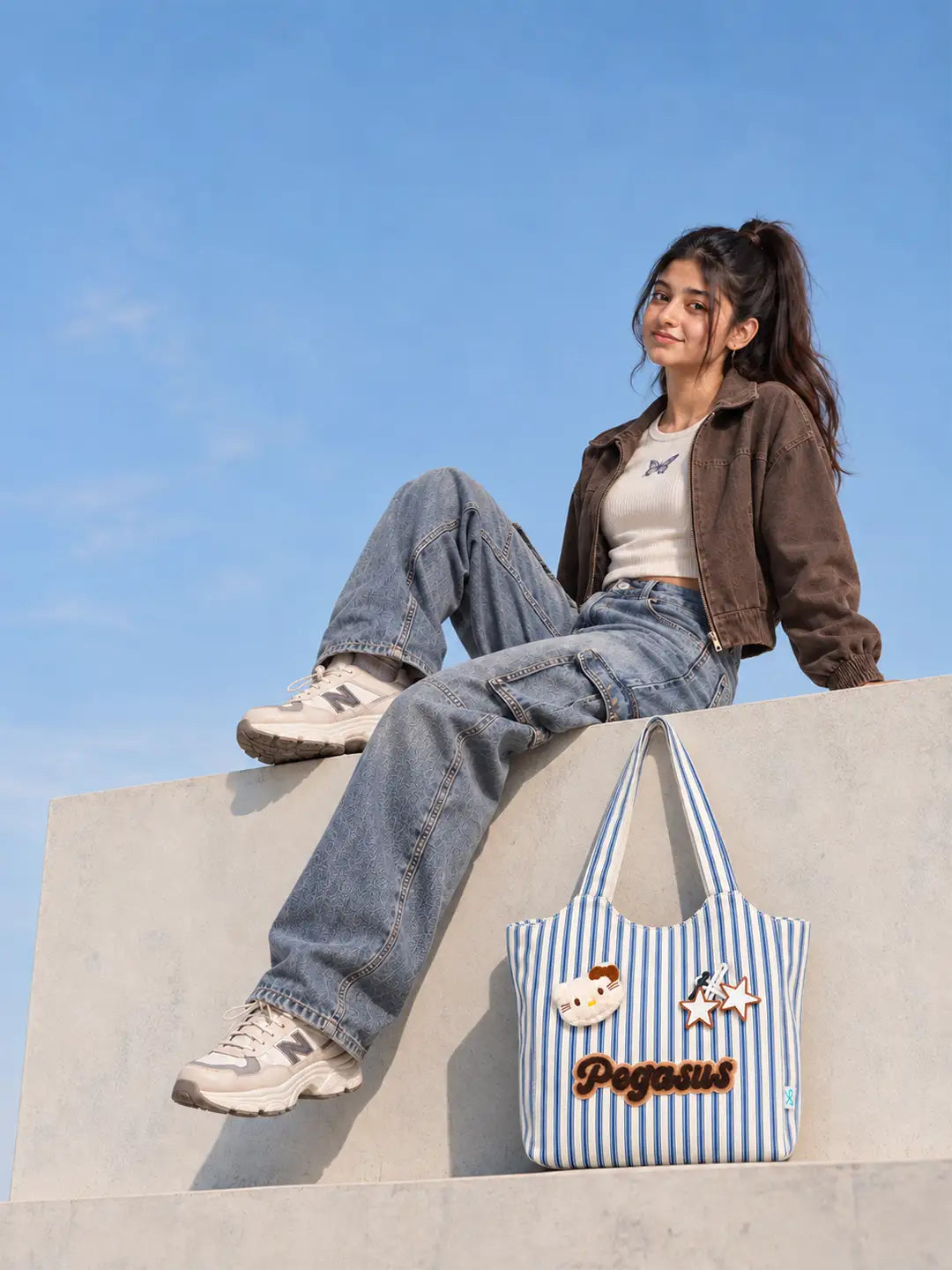 Blue & White Striped Pegasus stylish & casual Tote Bag for Teens & Adults