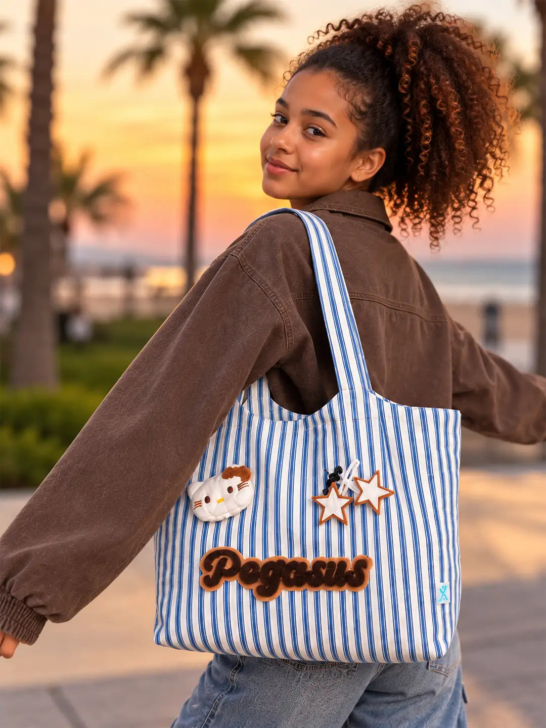 Blue & White Striped Pegasus stylish & casual Tote Bag for Teens & Adults