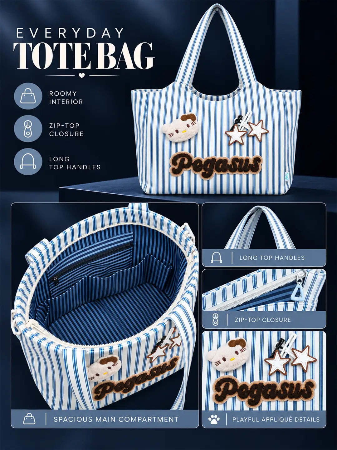 Blue & White Striped Pegasus stylish & casual Tote Bag for Teens & Adults