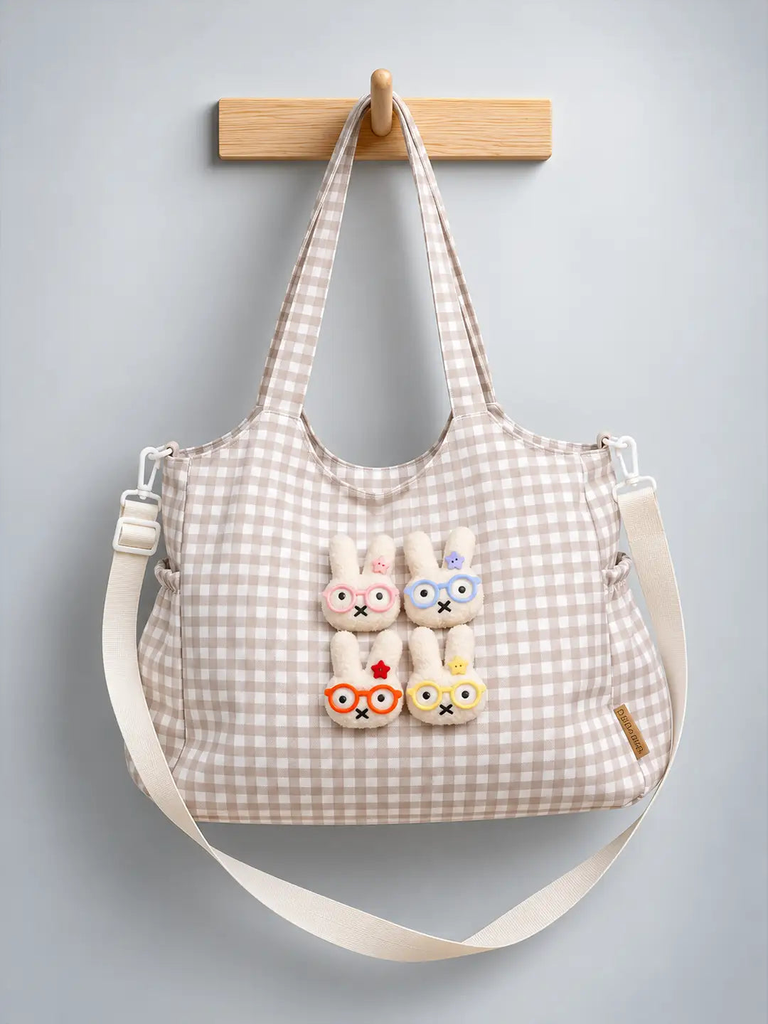 Brown Gingham Checks 3D Glasses Bunny stylish & casual Tote Bag for Teens & Adults