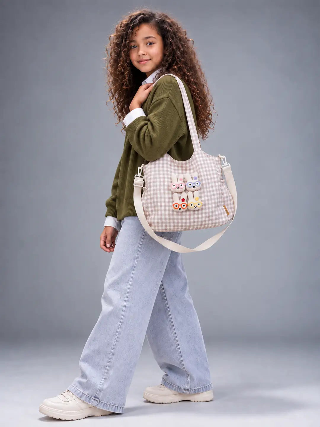 Brown Gingham Checks 3D Glasses Bunny stylish & casual Tote Bag for Teens & Adults