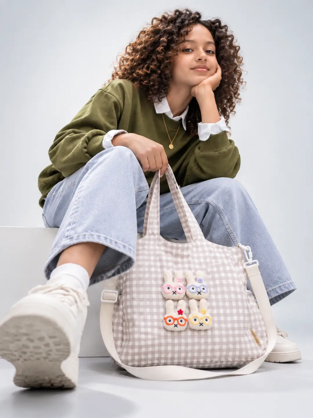 Brown Gingham Checks 3D Glasses Bunny stylish & casual Tote Bag for Teens & Adults