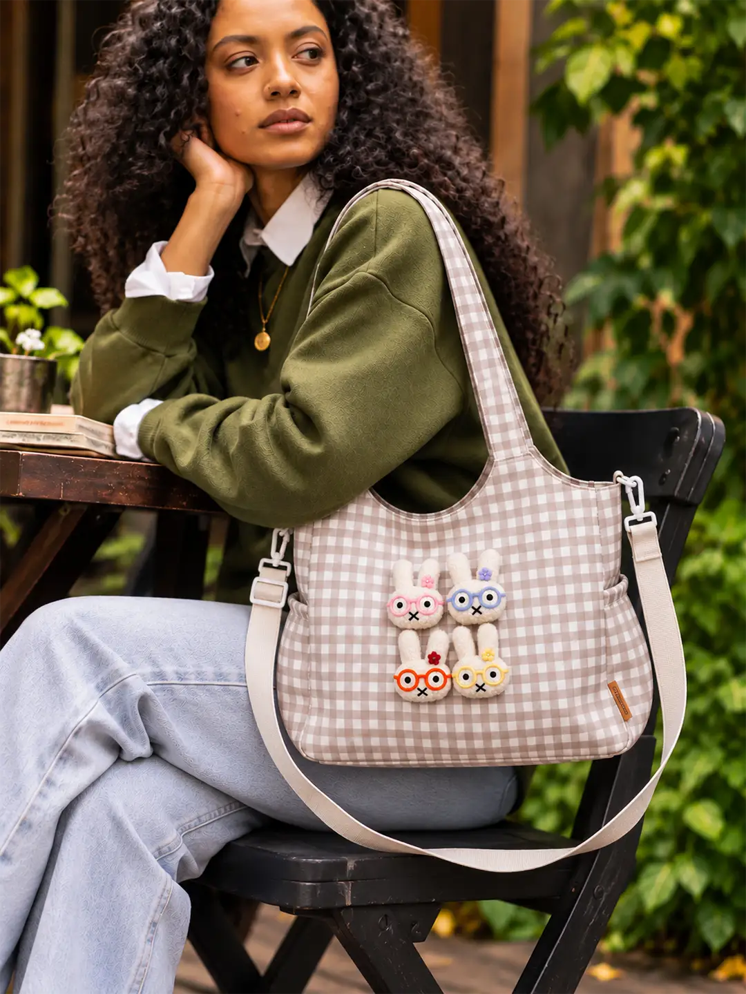 Brown Gingham Checks 3D Glasses Bunny stylish & casual Tote Bag for Teens & Adults
