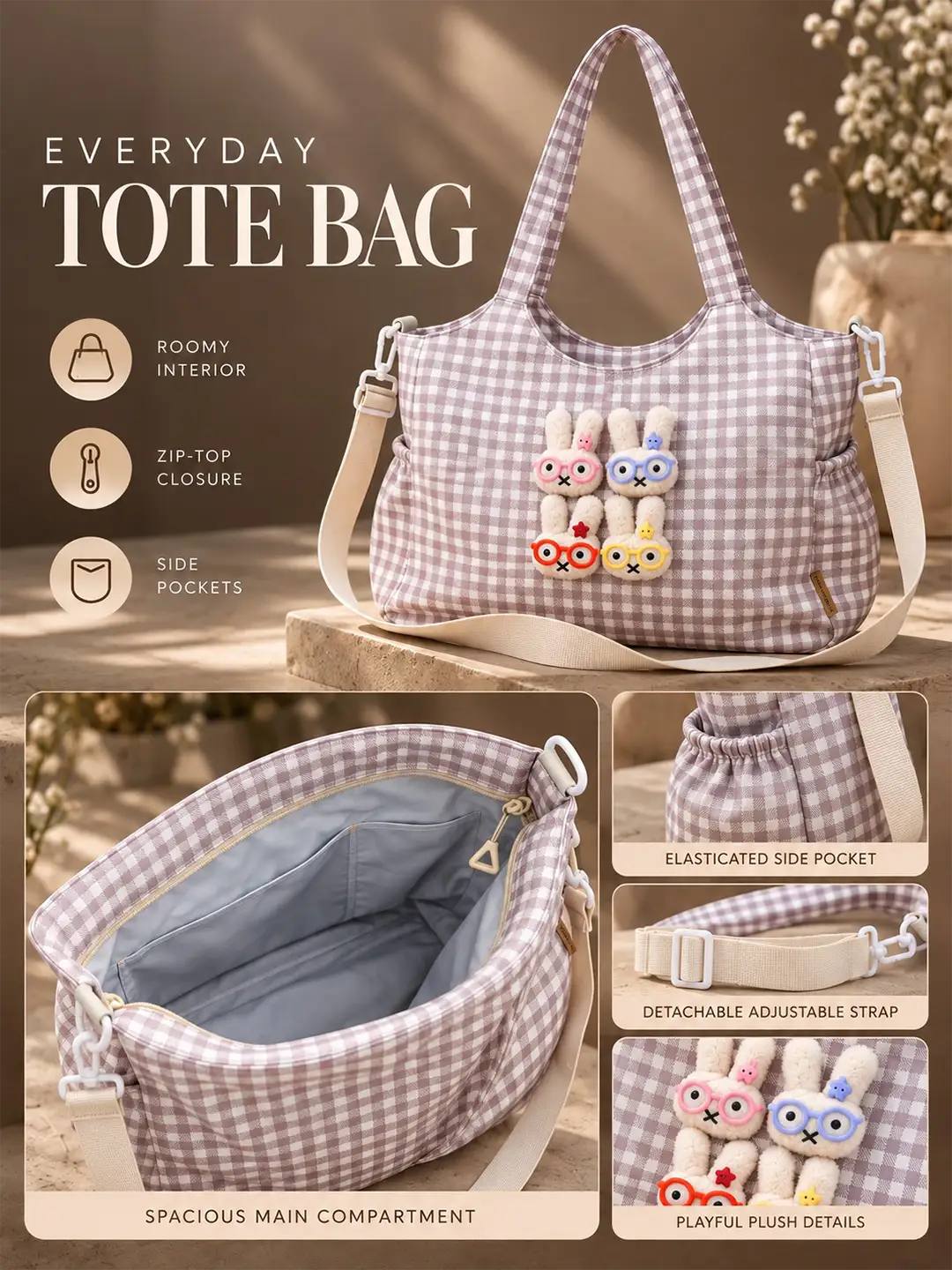 Brown Gingham Checks 3D Glasses Bunny stylish & casual Tote Bag for Teens & Adults