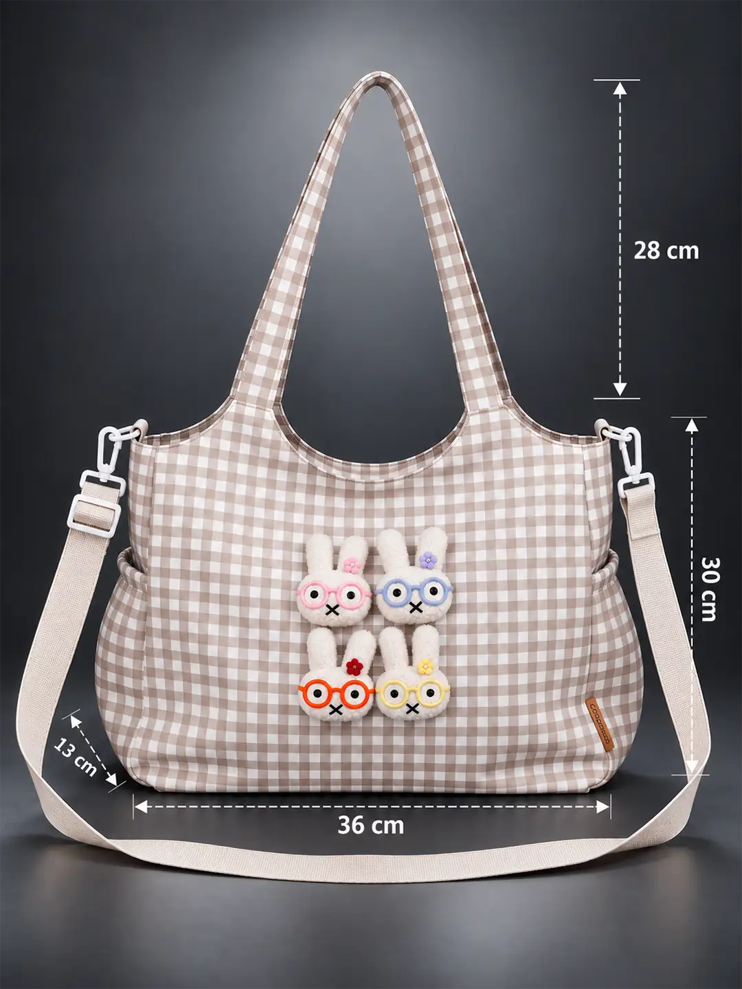 Brown Gingham Checks 3D Glasses Bunny stylish & casual Tote Bag for Teens & Adults