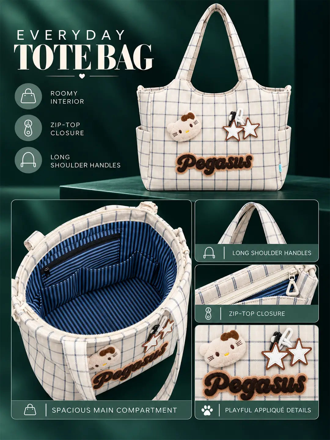 Cream Checks Pegasus stylish & casual Tote Bag for Teens & Adults