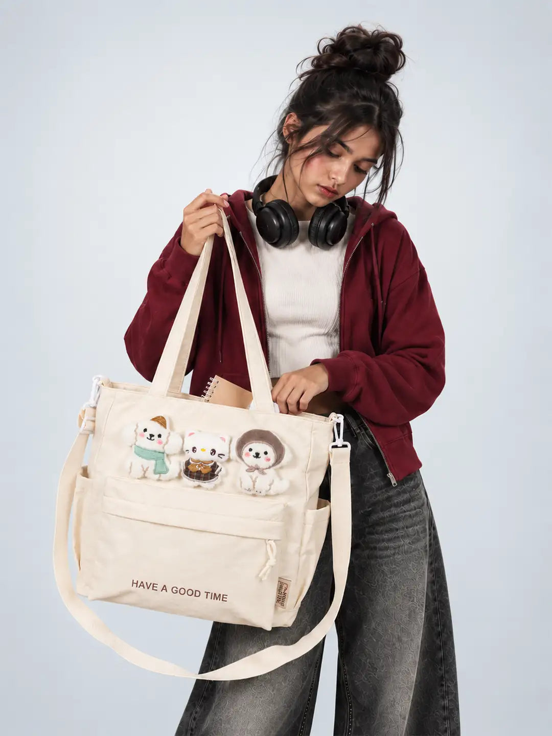 Cream 3D Puppy & Cat stylish & casual Tote Bag for Teens & Adults