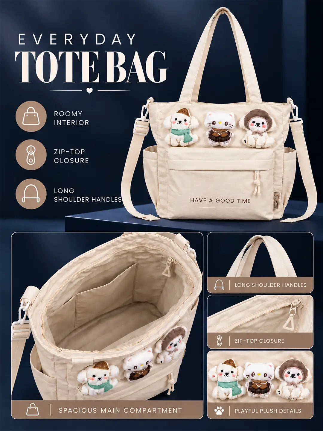 Cream 3D Puppy & Cat stylish & casual Tote Bag for Teens & Adults